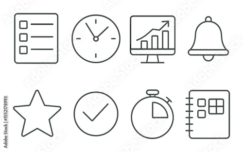 Digital productivity outline icons set – simple planning and efficiency symbols