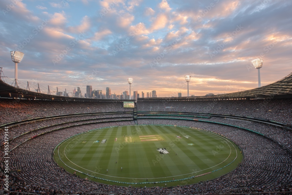 Fototapeta premium Many spectators fill the stands at Melbourne Cricket Ground, cheering for their teams during a thrilling cricket match at sunset