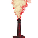 A tall red brick factory chimney emits a large plume of yellowish smoke isolated on transparent background
