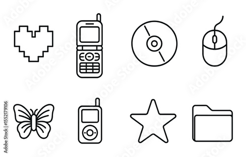 Vintage y2k icons set – line, retro digital and tech nostalgia symbols