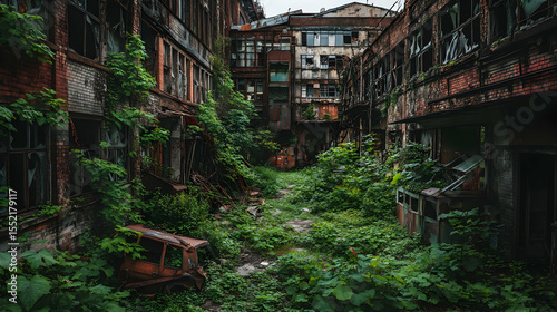 Overgrown abandoned industrial building with rusting vehicles and vegetation