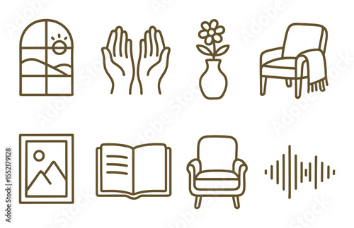 Tranquil healing icons set – outline, relaxation and calmness symbols for wellness