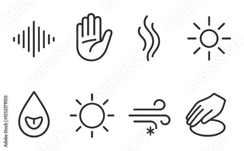 Sensory symbols icons set – outline, perception, and awareness graphic elements