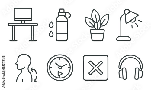 Workplace wellness icons set – outline, health and productivity symbols collection