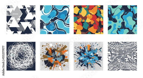 Collection of eight abstract art pieces featuring geometric shapes and fluid organic patterns design set