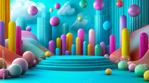 Colorful abstract 3d scene with spheres and cylindrical structures in a surreal landscape