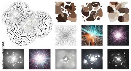 Collection of abstract images featuring geometric patterns, organic shapes, and light effects art work