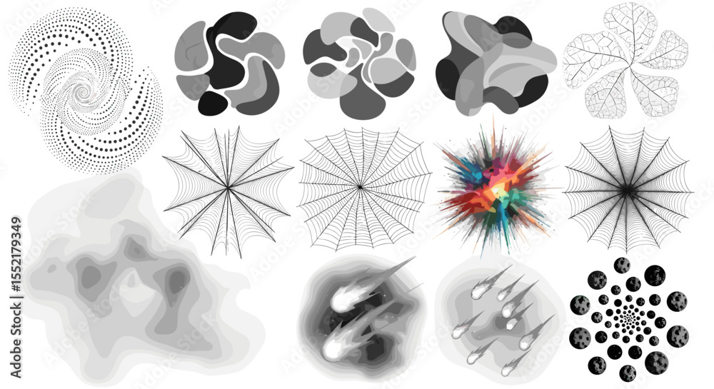 Fototapeta premium Collection of diverse abstract grayscale elements including spirals webs and meteor shower designs artfully arranged