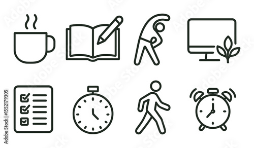 Daily ritual icons set in outline style – simple, minimalist and routine graphics