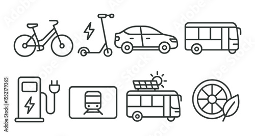 Eco friendly transport icons set – outline style, sustainable and green travel symbols