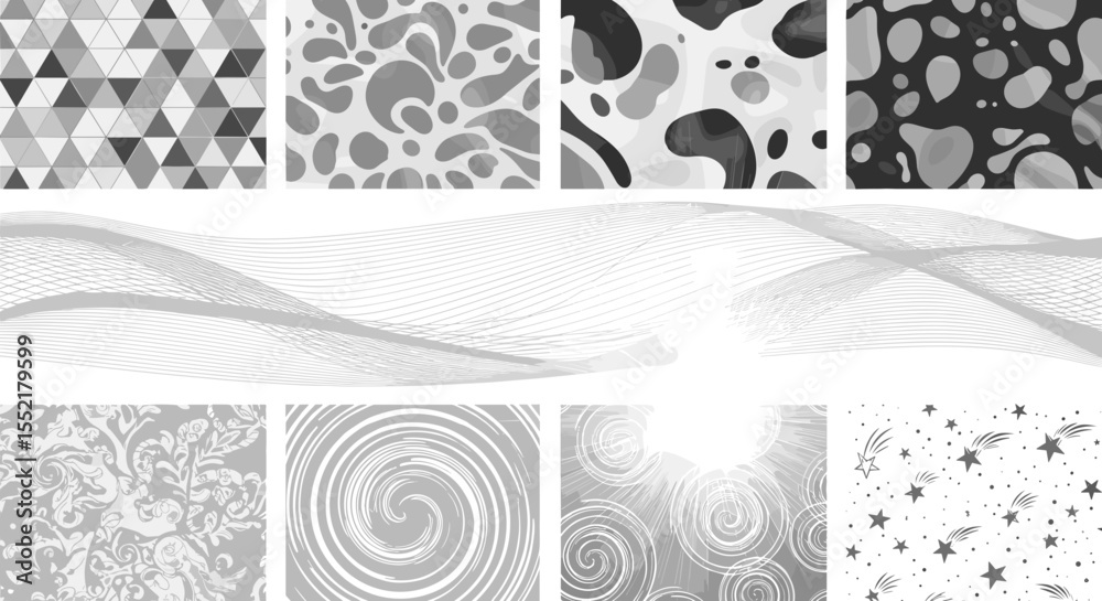 Collection of eight grayscale patterns with geometric shapes and organic flowing designs showcased