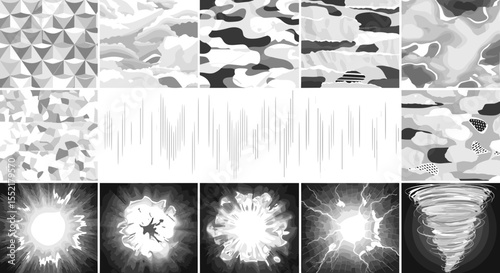 Collection of abstract patterns and energy effects including tornado and lightning in grayscale tones art