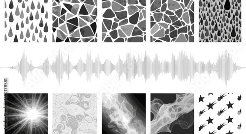 Collage of grayscale patterns including raindrops mosaic sound waves light smoke and shooting stars design