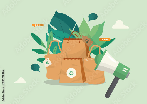Sustainable Packaging Eco Delivery Box Concept. cardboard boxes with recycling symbols, green leaves, and megaphone. Sustainable packaging, eco-friendly shipping, and environmental delivery. Vector