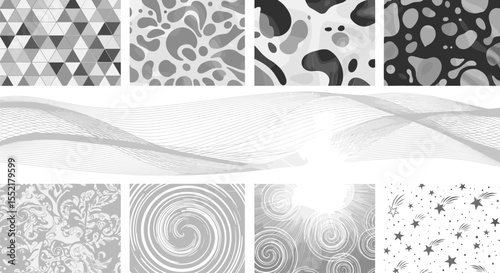 Collection of eight grayscale patterns with geometric shapes and organic flowing designs showcased