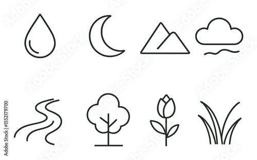 Nature and environment icons set – outline, harmony and simple ecology symbols