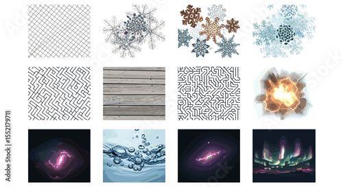 A collage of various images including snowflakes mazes wood water fire and aurora borealis displays art