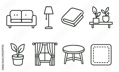 Interior design icons set – linear, home decor and cozy living symbols