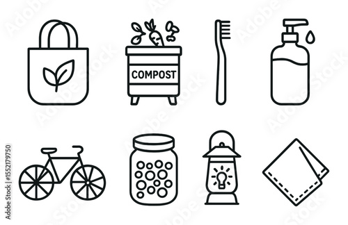 Sustainable living icons set – outline, eco-friendly and green lifestyle symbols