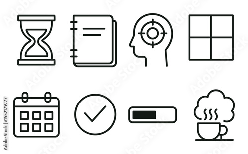 Productive time management icons set – outline, efficiency and planning symbols