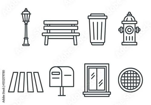 Urban essentials icons set – outline, cityscape and municipal design elements