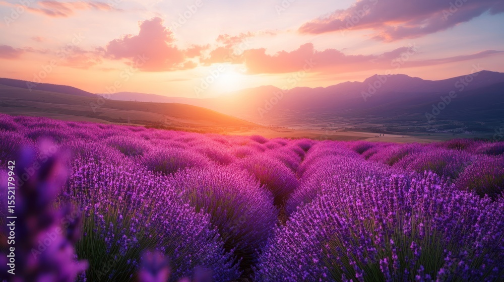Fototapeta premium Lavender field at sunrise over rolling hills.
