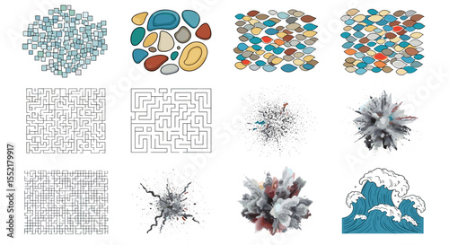 Collection of abstract designs featuring geometric shapes mazes explosions and stylized ocean waves art