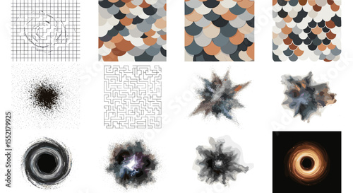 A collection of diverse abstract images featuring patterns mazes and cosmic phenomena in a grid layout