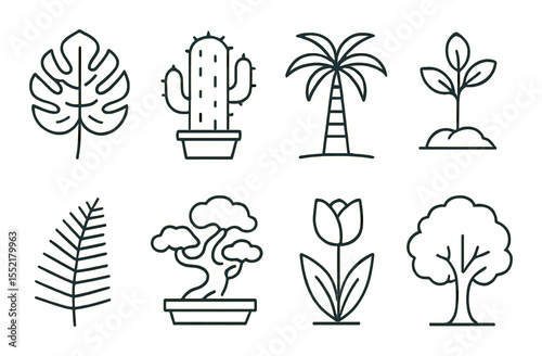 Linear plant icons set – simple, minimalist nature and garden symbol graphics
