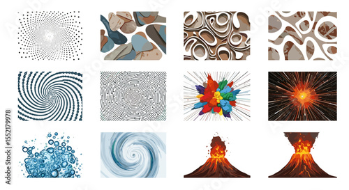 A collection of diverse abstract images featuring spirals, patterns, explosions, and volcanic eruptions