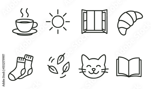 Everyday joy icons set – line style, simple happiness and delight symbols