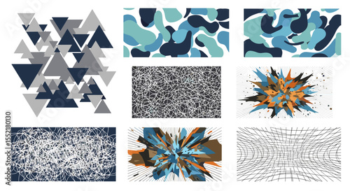 Collection of nine abstract designs featuring triangles organic shapes and line patterns in various colors