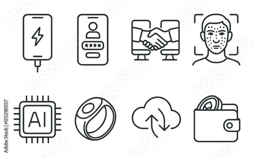 Technology line icons set - minimalist style, tech and digital interface symbols