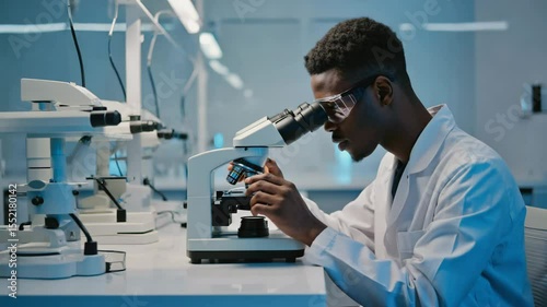 Scientist explores samples using microscope in modern laboratory setting during daylight hours
