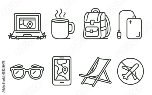 Digital nomad essentials icons set – outline, travel and remote work symbols