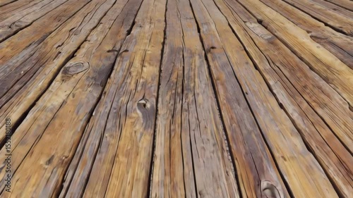 Wooden deck flooring showcasing natural textures and patterns under bright sunlight in a serene outdoor setting