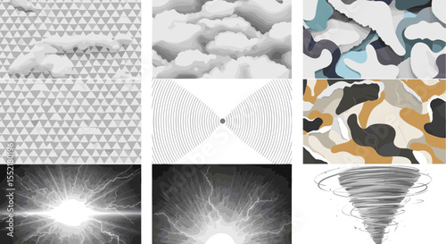 A compilation of abstract patterns including triangles clouds lines lightning and a tornado illustration