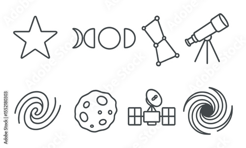 Astronomy icons set – linear, celestial and space exploration symbols