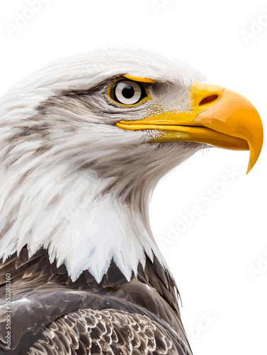 Bald eagle with sharp gaze and detailed feathers on white background  