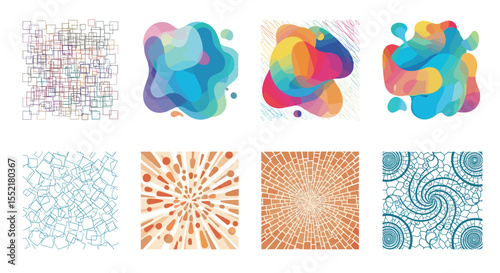 Collection of eight abstract designs featuring geometric shapes fluid forms and radial patterns in various colors
