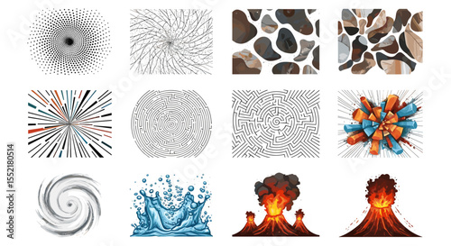 Collection of diverse abstract illustrations featuring patterns textures and natural elements arranged in a grid