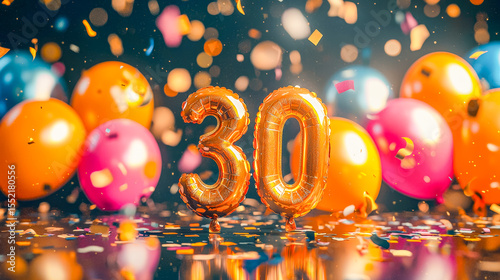 Bright orange number balloons celebrating 30th birthday with colorful balloons and confetti festivities photo