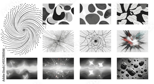 A collection of twelve grayscale abstract images featuring various patterns and textures displayed in a grid