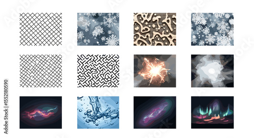 A collection of twelve diverse abstract patterns and textures in a grid arrangement display image