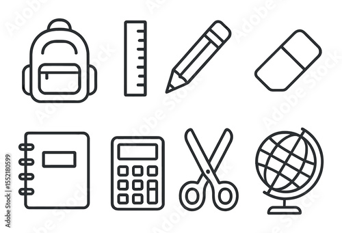 School supplies icons set – outline, education and stationery graphics
