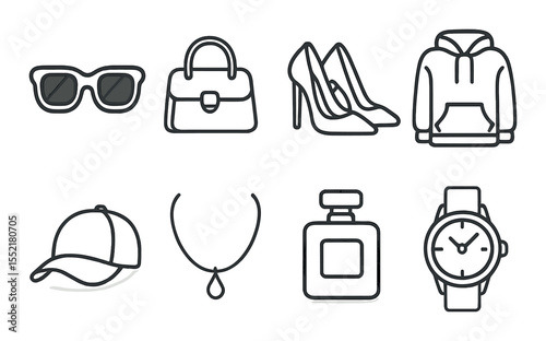 Fashion accessory icons set – outline, trendy style and chic wardrobe elements