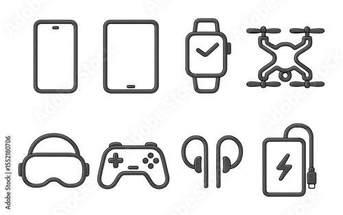 Technology linear icons set – gadgets, devices and tech symbols in simple design
