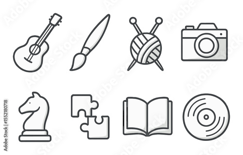 Hobby and leisure icons set – outline, crafting and pastimes symbol collection
