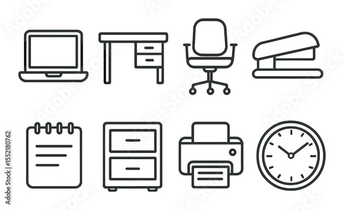 Office essentials linear icons set – simple, workspace and business symbols collection