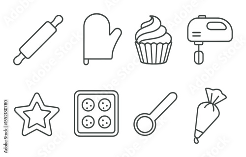 Baking tools line icons set – outline, kitchen utensils and pastry-related symbols